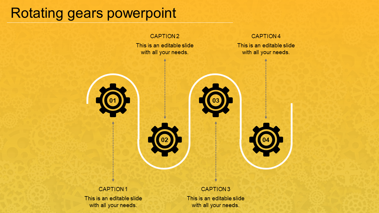Four Node Rotating Gears In PowerPoint Yellow Color